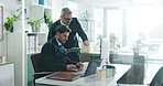 Corporate, businessmen and review in office with computer, tablet or advice for accounting mentorship. Window, people and chat in workplace with desktop, audit training or financial statement update.