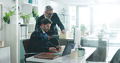 Buy stock photo Corporate, businessmen and review in office with computer, tablet or advice for accounting mentorship. Window, people and chat in workplace with desktop, audit training or financial statement update.