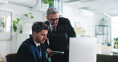 Buy stock photo Corporate, businessmen and advice in office with computer, tablet or chat for accounting mentorship. People, talk and planning in workplace with desktop, audit training or financial statement review.
