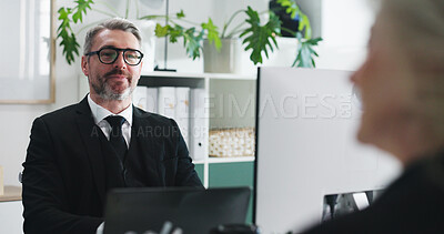 Buy stock photo Discussion, performance review and business people in office with advice, evaluation or development. Meeting, computer and mature hr manager with employee for feedback on career growth in workplace.