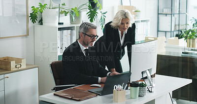 Buy stock photo Corporate, business people and review in office with computer, discussion and accounting mentorship. Manager, team and talk in workplace with desktop, audit training and check financial statements.