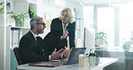 Corporate, business people and discussion in office with computer, advice or accounting mentorship. Window, manager or team in workplace with desktop, audit training or chat for financial statements.