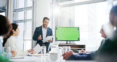 Buy stock photo Investor, green screen and man with documents, presentation and feedback for revenue report. People, speaker and financial advisor in office, coworking and proposal for investment strategy or advice