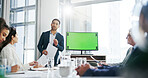 Financial advisor, green screen and man with documents, presentation and planning for revenue report. People, speaker and investor in office, meeting and proposal for investment strategy or talking