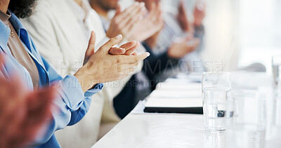 Buy stock photo Applause, hands and presentation with business people in office for feedback, review or success. Meeting, pitch and proposal with company panel clapping in boardroom for celebration of achievement