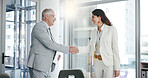 Smile, business and people with handshake in office for welcome, introduction and partnership. Happy, team and greeting with shaking hands, employee agreement and thank you for onboarding opportunity