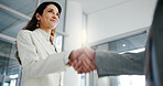 Happy, business and woman with handshake in office for welcome, introduction and partnership. Below, people and shaking hands for greeting, employee agreement and thank you for onboarding opportunity