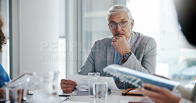 Buy stock photo Thinking, documents and businessman in office for meeting, collaboration or planning for finance report. Paperwork, discussion and mature male financial manager with team for investment proposal.