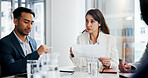 Team, discussion and woman with paperwork, boardroom and risk management with colleagues and report. Investment banker, talk and people with document for performance review, collaboration and meeting