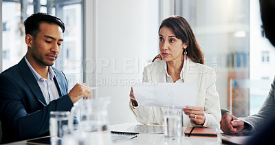 Buy stock photo Team, discussion and woman with paperwork, boardroom and risk management with colleagues and report. Investment banker, talk and people with document for performance review, collaboration and meeting