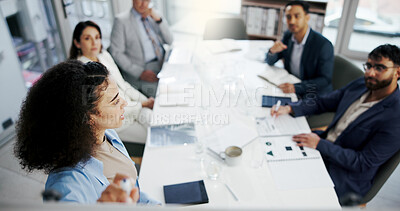 Buy stock photo Above, investor and woman with whiteboard for presentation, talking and pitch for investment deal. People, coworking and employees in office, discussion and planning for revenue report and meeting