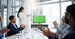 Business people, applause and computer with green screen for announcement, investment growth or feedback. Company team, tech or chroma key in office with cheering success, achievement or mockup space