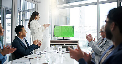 Buy stock photo Business people, applause and computer with green screen for announcement, investment growth or feedback. Company team, tech or chroma key in office with cheering success, achievement or mockup space