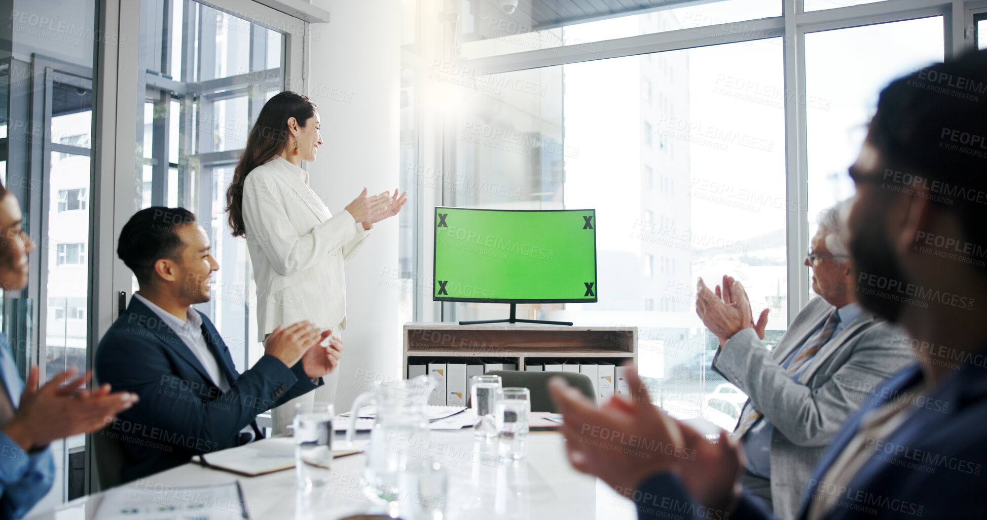 Buy stock photo Business people, applause and computer with green screen for announcement, investment growth or feedback. Company team, tech or chroma key in office with cheering success, achievement or mockup space