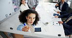 Woman, writing and presentation with board, office and brainstorming for financial growth in meeting. Boardroom, investment banker and risk analysis for project with people, collaboration and above