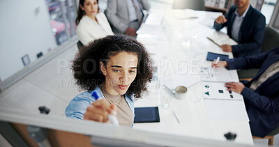 Buy stock photo Woman, writing and presentation with board, office and brainstorming for financial growth in meeting. Boardroom, investment banker and risk analysis for project with people, collaboration and above