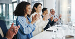Happy, business people and meeting with applause for presentation, good job or well done in office. Excited, group or employees clapping with smile for team promotion or congratulations in workplace