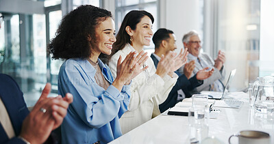 Buy stock photo Happy, business people and meeting with applause for presentation, good job or well done in office. Excited, group or employees clapping with smile for team promotion or congratulations in workplace