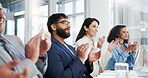 Excited, business people and meeting with applause for presentation, good job or well done in office. Happy, group or employees clapping with smile for team promotion or congratulations in workplace