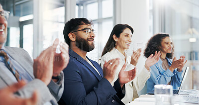 Buy stock photo Excited, business people and meeting with applause for presentation, good job or well done in office. Happy, group or employees clapping with smile for team promotion or congratulations in workplace