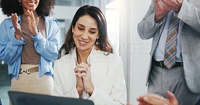 Buy stock photo Happy woman, winning and laptop with team applause for job promotion, success or congratulations. Excited, female person or colleagues clapping with smile for business opportunity, bonus or prize