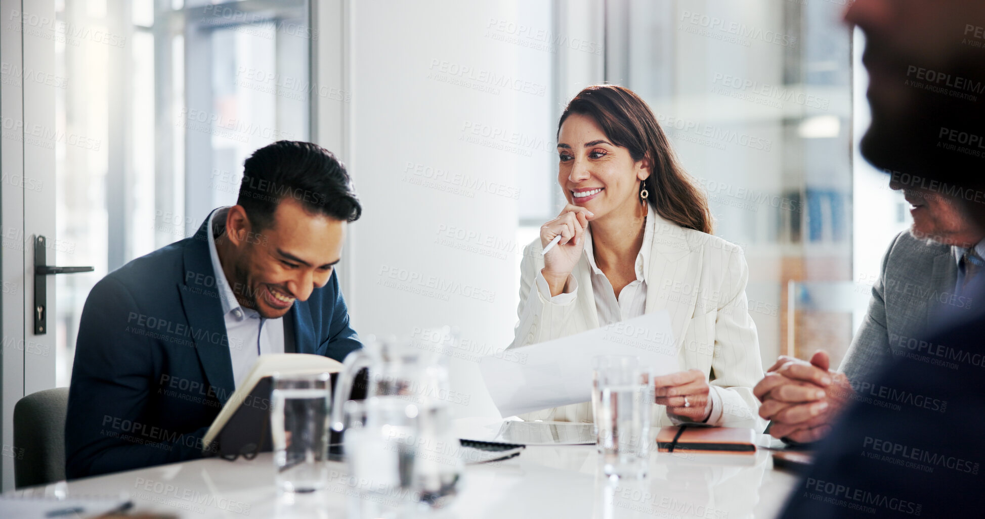 Buy stock photo Laughing, team and meeting with paperwork, boardroom and risk management with colleagues and report. Investment banker, happy and people with document for performance review, collaboration or success