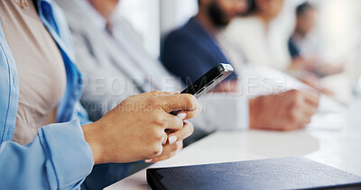 Buy stock photo Business people, hands and meeting with phone for network, minutes or app in conference. Closeup, employee or taking notes on mobile smartphone for internet, research or project planning in workplace
