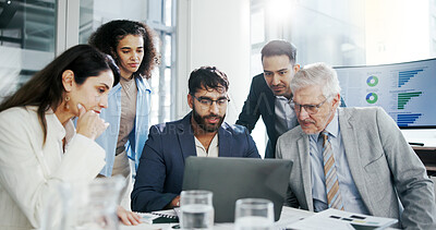 Buy stock photo Business people, laptop and analytics with team in office for corporate analysis or statistics. Group, employees or colleagues with computer for company performance review or development in workplace