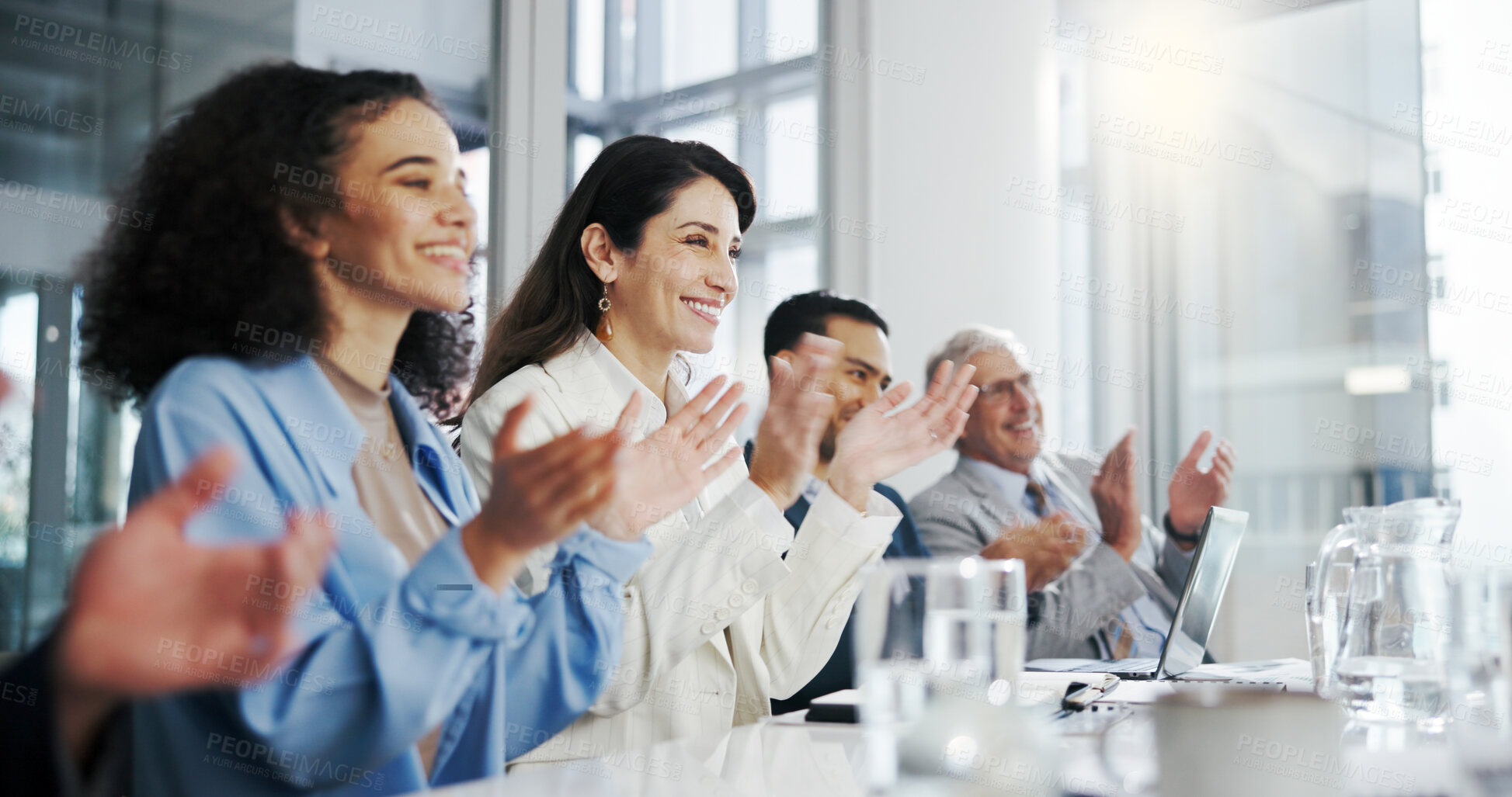 Buy stock photo Applause, meeting and presentation with business people in office for feedback, review or success. Pitch, proposal and smile with company panel clapping in boardroom for celebration of achievement