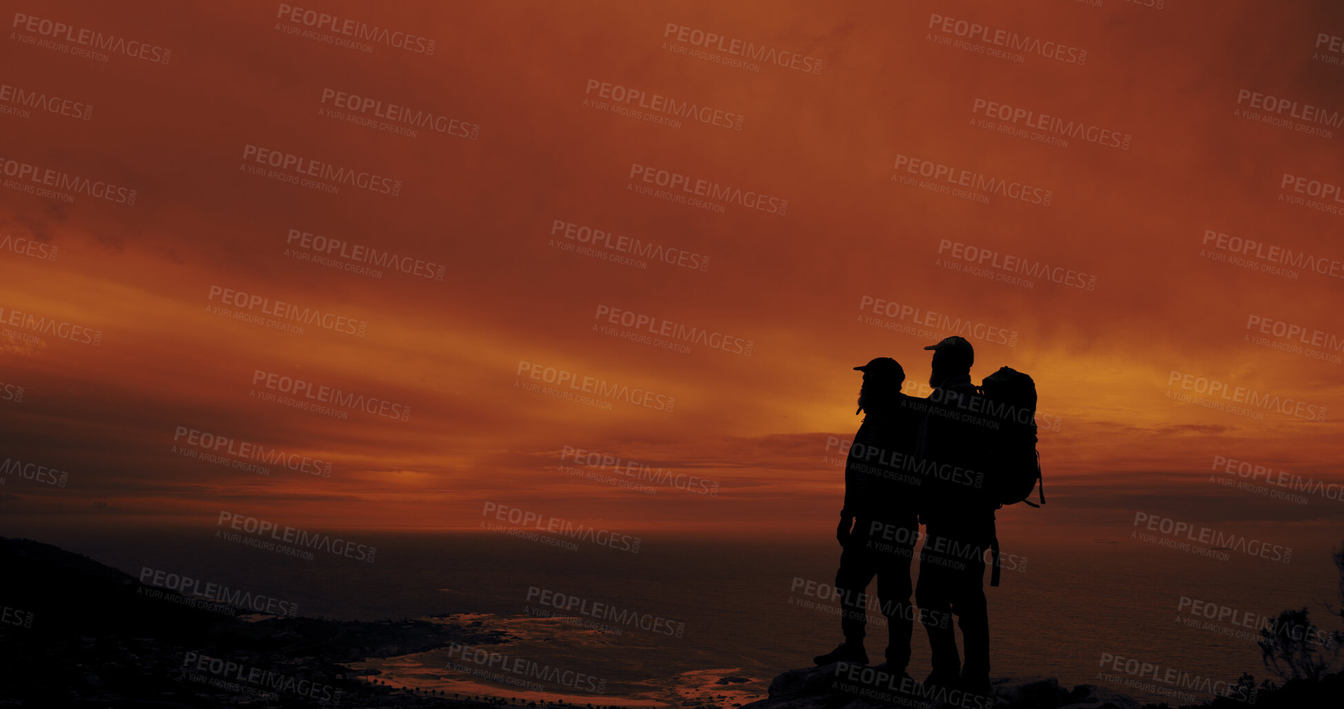 Buy stock photo Sunset, silhouette and friends hiking on mountain with space for vacation, adventure or holiday. Travel, shadow and men with backpacking on weekend trip with break for trekking together in nature.