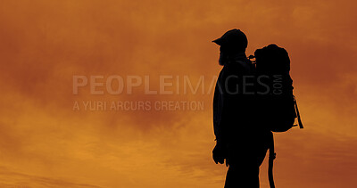Buy stock photo Sunset, hiking and silhouette of man outdoor for adventure, reflection and vacation with view. Trekking, backpacking and person in nature for holiday, travel or thinking with clouds for sightseeing