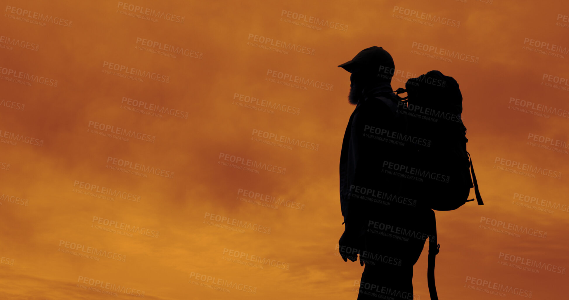 Buy stock photo Sunset, hiking and silhouette of man outdoor for adventure, reflection and vacation with view. Trekking, backpacking and person in nature for holiday, travel or thinking with clouds for sightseeing