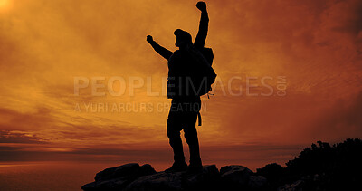 Buy stock photo Person, silhouette and cheering for hiking on mountain for trekking, freedom and fitness success. Space, sunset or athlete with summit celebration of backpacking victory, triumph moment and milestone
