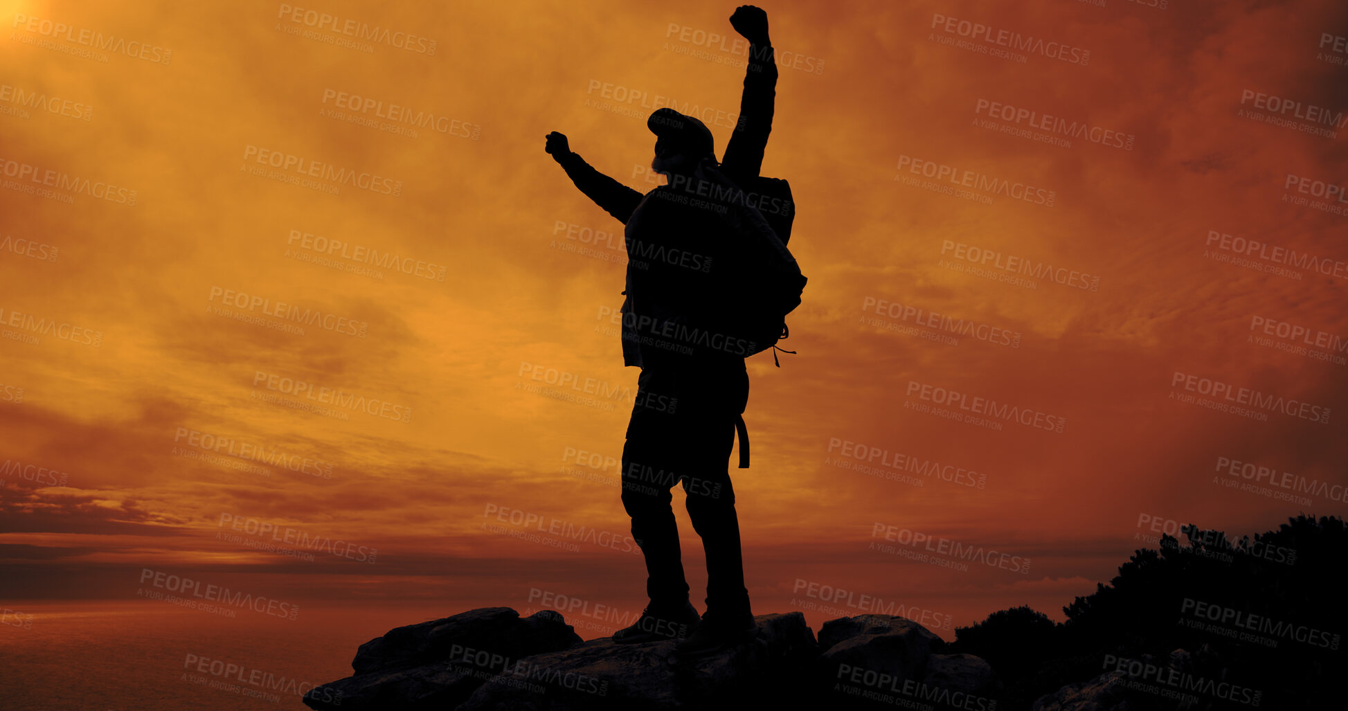 Buy stock photo Person, silhouette and cheering for hiking on mountain for trekking, freedom and fitness success. Space, sunset or athlete with summit celebration of backpacking victory, triumph moment and milestone