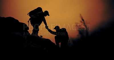 Buy stock photo Helping hands, hiking and silhouette of people outdoor for adventure, support or vacation. Trekking, backpacking and assistance with friends for travel together, sunset or teamwork to climb mountain