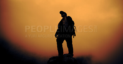 Buy stock photo Sunset, hiking and man on mountain for adventure, reflection and view on vacation with low angle. Trekking, backpacking and person outdoor for holiday, travel and thinking with space for sightseeing