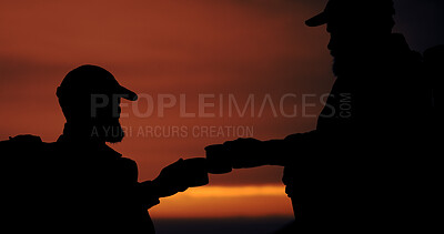 Buy stock photo Friends, hiking and toast coffee with silhouette at sunset, success and achievement with space in sky. People, cup and support with milestone, summit and outdoor for trekking with goals on adventure