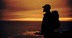 Sunset, hiking and silhouette of man on holiday, reflection and vacation with view outdoor. Trekking, backpacking and person in nature for adventure, travel or thinking while sightseeing with space