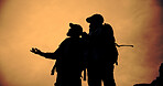 Mountain, sunset and silhouette of friends with hiking, travel and backpacking with view and below. Shadow, eco tourism and outdoor with evening, nature and fitness or exercise for wellness with men