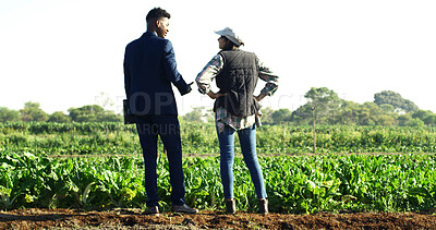 Buy stock photo Back, discussion and people at farm for sustainability teamwork, agreement or collaboration. Conversation, planning and businessman with woman, inspection and quality assurance for support or trust