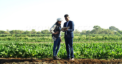 Buy stock photo Tablet, conversation and people at farm for sustainability teamwork, agreement or collaboration. Discussion, tech and businessman with woman, inspection and quality assurance for support or trust