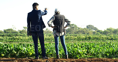 Buy stock photo Back, conversation and people at farm for sustainability teamwork, agreement or collaboration. Discussion, planning and businessman with woman, inspection and quality assurance for support or trust