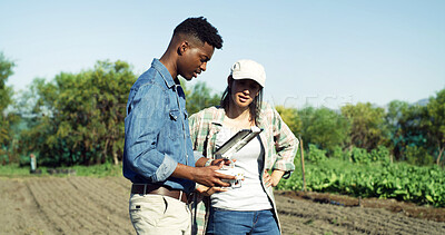 Buy stock photo Farmer, man and drone controller with tablet for field research, soil health and data collection. Technology, person and pilot outdoor for crop management, monitor plant growth or farm planning