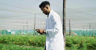 Buy stock photo Scientist, man and research with tablet on farm for crop management, pest control or reporting. Agronomist, black person and digital app outdoor to monitor plant growth, record results and inspection