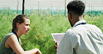 Farm, team and people with tablet, research and plant inspection for disease management and talking. Outdoor, botanist and colleagues with tech in nature, agriculture and study for quality control