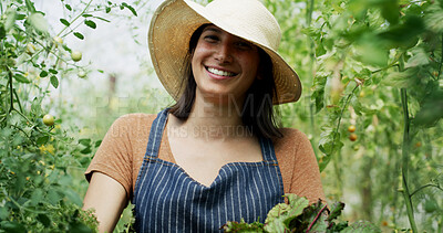 Buy stock photo Harvest, portrait or woman on field with crate, picking or vegetable production in agriculture industry. Organic, smile or farmer with produce, collection or crop gathering in sustainable business.