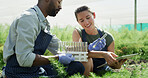 People, scientist and test tube with plants for research with botanical study in greenhouse. Staff, tablet and sample analysis with equipment, observing growth and experiment for agricultural science