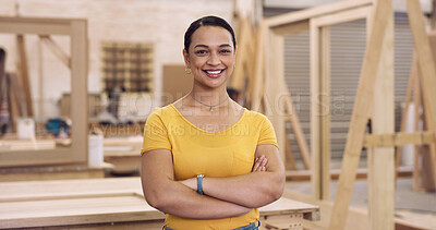 Buy stock photo Portrait, carpenter and woman in warehouse, arms crossed and manufacturing process. Small business, entrepreneur and person in factory, happiness and pride for furniture industry, smile and woodwork