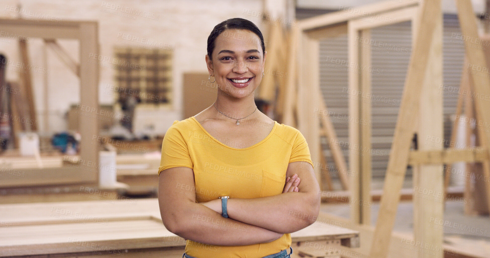 Buy stock photo Portrait, carpenter and woman in warehouse, arms crossed and manufacturing process. Small business, entrepreneur and person in factory, happiness and pride for furniture industry, smile and woodwork