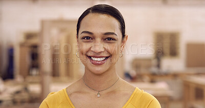 Buy stock photo Portrait, carpenter and woman in factory, woodwork and happiness for furniture industry. Business, entrepreneur or person in workspace, smile or pride for manufacturing company or mission for startup